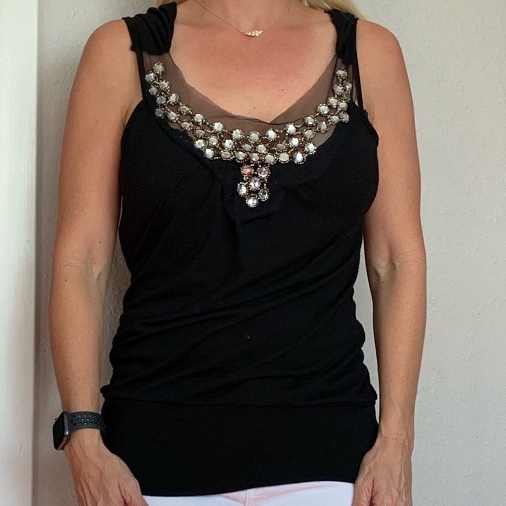 Lux Rhinestone Detail Black Tank Top